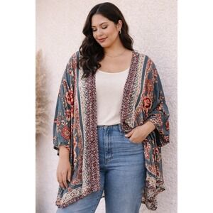 ANGIE Boho Floral Kimono Cardigan Duster Teal Pink Cream 3X